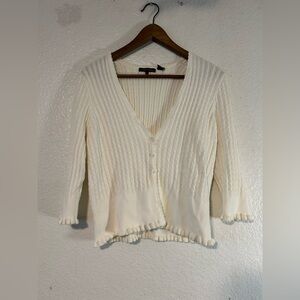 Jeanne Pierre White Ribbed Cotton Cardigan Large Coastal Grandma Lagenlook
